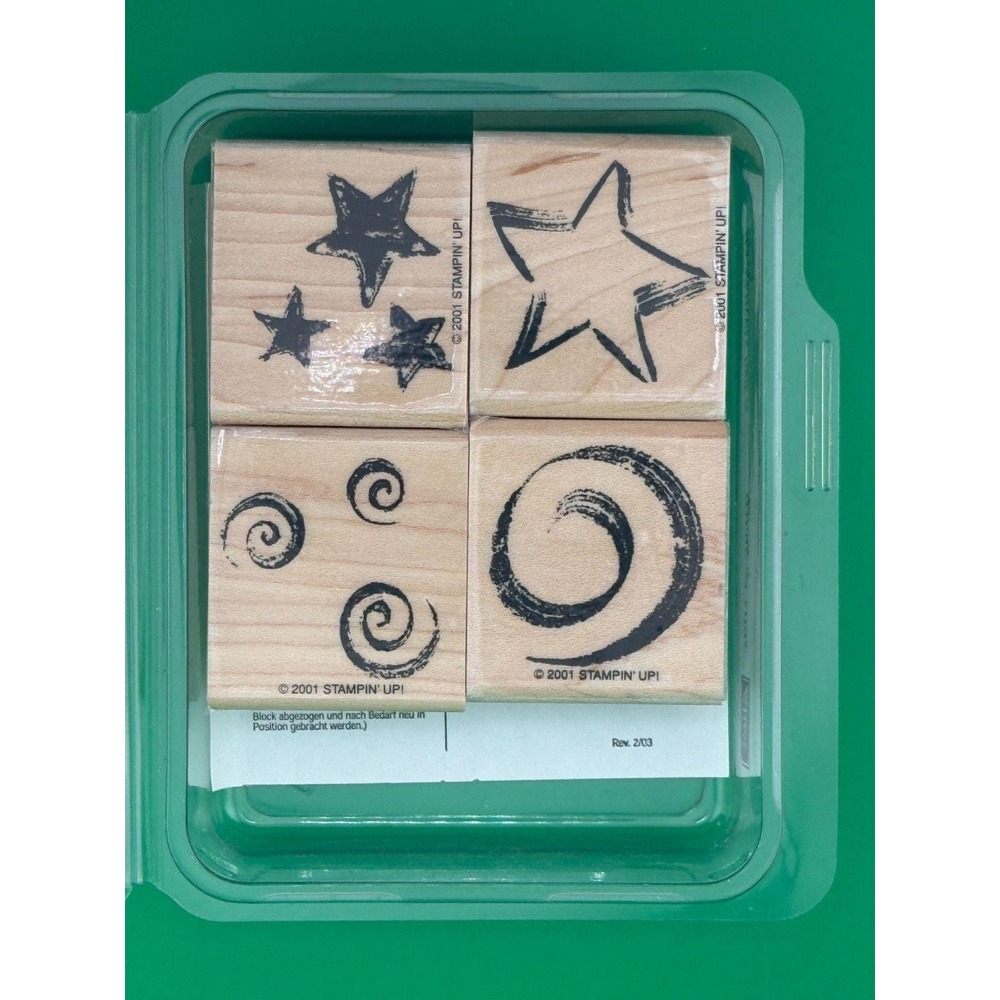 Stampin' Up Stars & Swirls Wood Mounted Rubber Stamp Set 2001 w Case 4pc